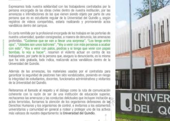 Universidad del Quindío Denuncia Amenazas y Actos Vandálicos en su Campus